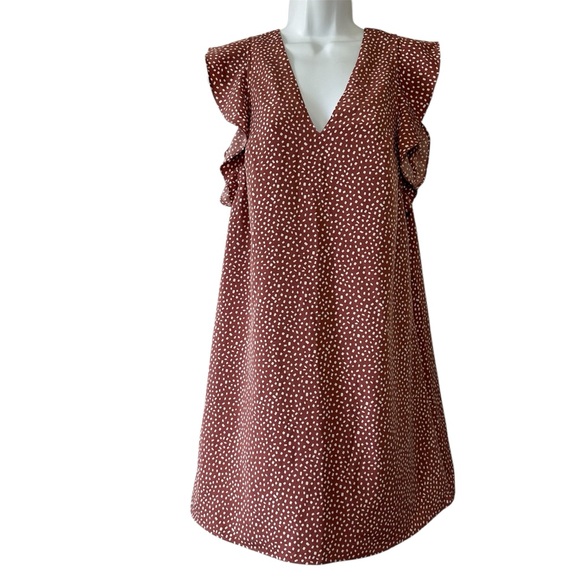 Express Women’s Mauve & White Print V-Neck Ruffle Sleeve Trapeze Dress- Small - Picture 1 of 11